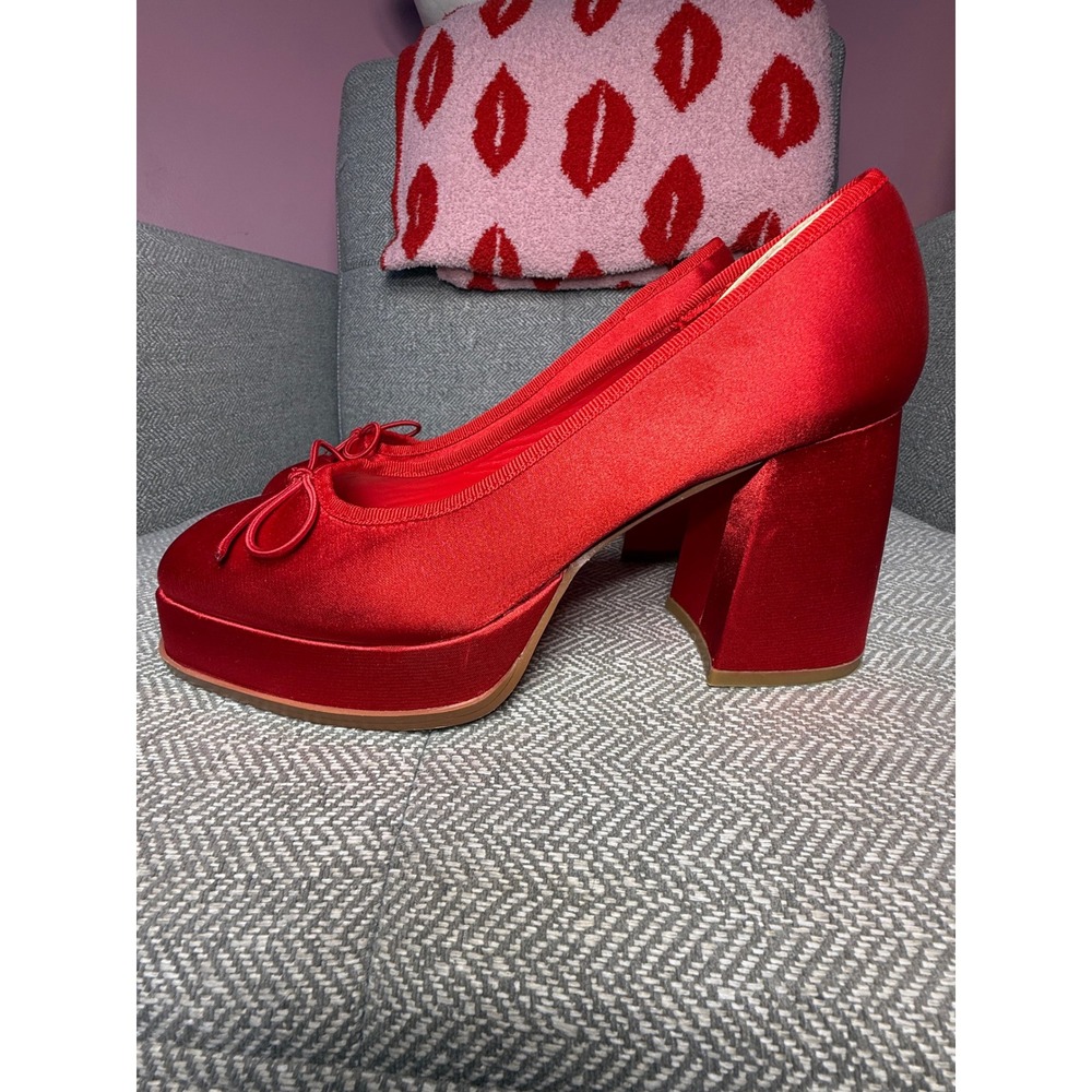 Coutgo Red Satin Platform Pumps Block Heel Square Toe Bow Heels Womens 8.5
